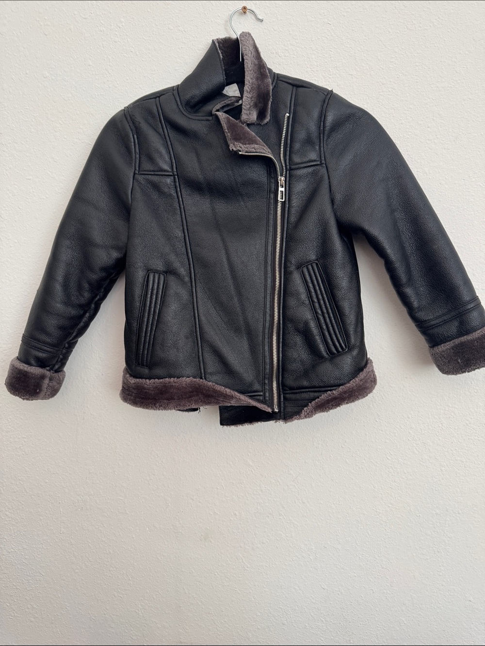 Zara Kids Black Faux Shearling Puffer Moto Jacket with Brown Trim